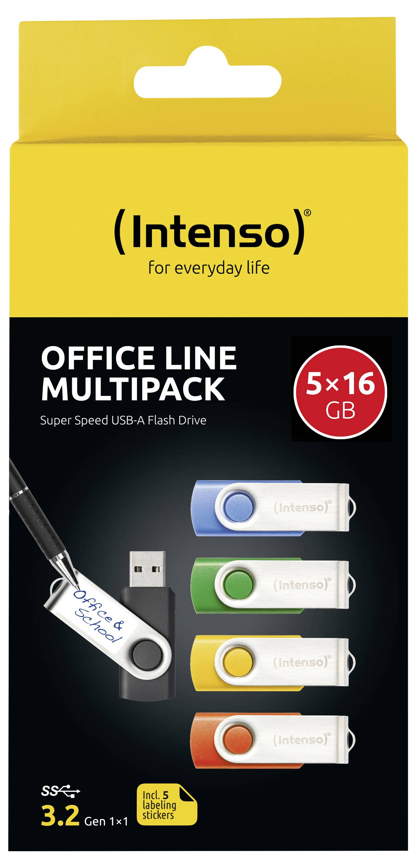 'Intenso Office Line Multipack USB-A Flashdrev' emballage viser fire drev i forskellige farver, mærket '5x16 GB' multipack.