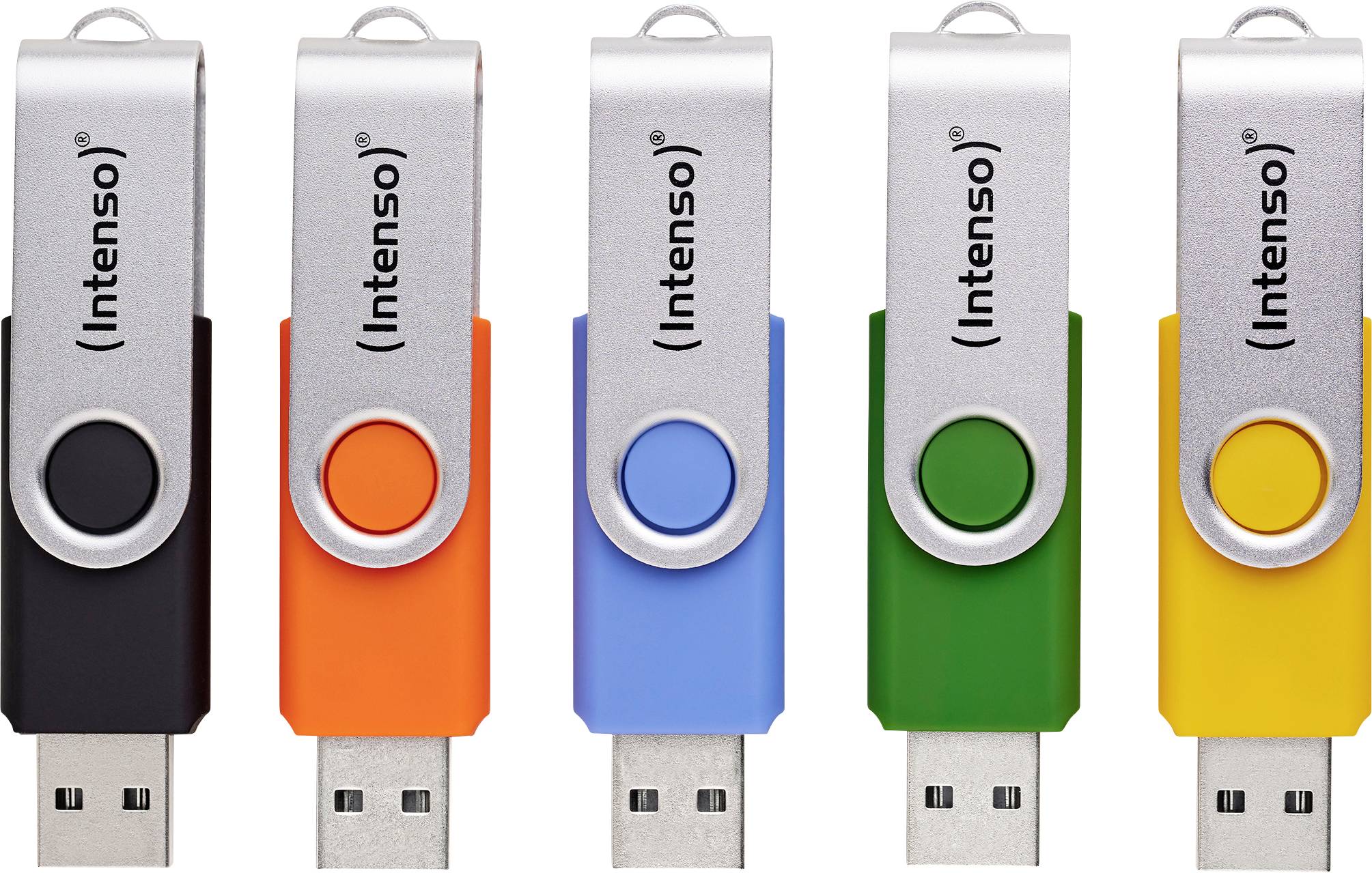 Fem USB-flashdrev med roterende deksler vises i sort, orange, blå, grøn og gul. Hvert enkelt har mærkenavnet 'Intenso' trykt på sig.
