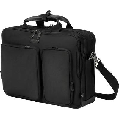 En sort laptoptas med flere lynlukkede rum og et skulderrem, designet til at bære en laptop og tilbehør sikkert.
