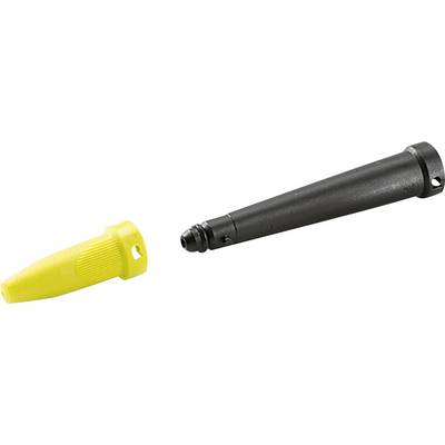 En sort luftblæser-dyse med en lang, cylindrisk form vises ved siden af en separat gul spidsvedhæftning.