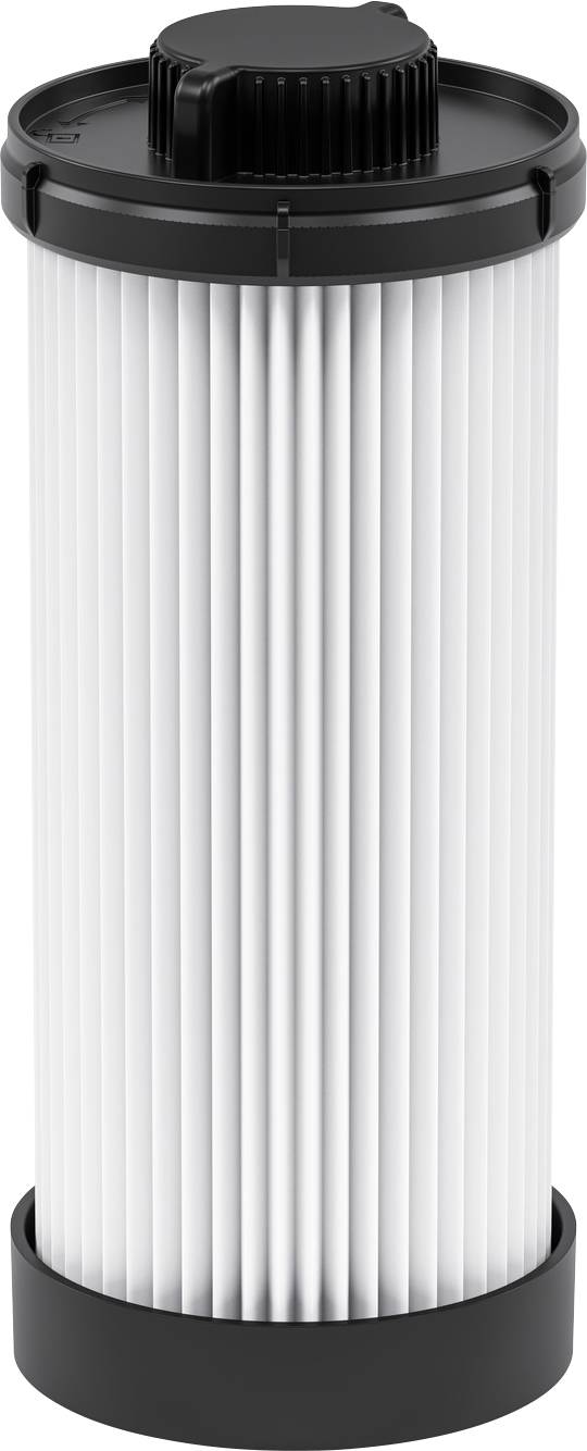 En cylindrisk luftfilter-patrons med plisseret hvidt materiale og sorte plastik-endekappe, brugt til filtreringsformål i apparater.