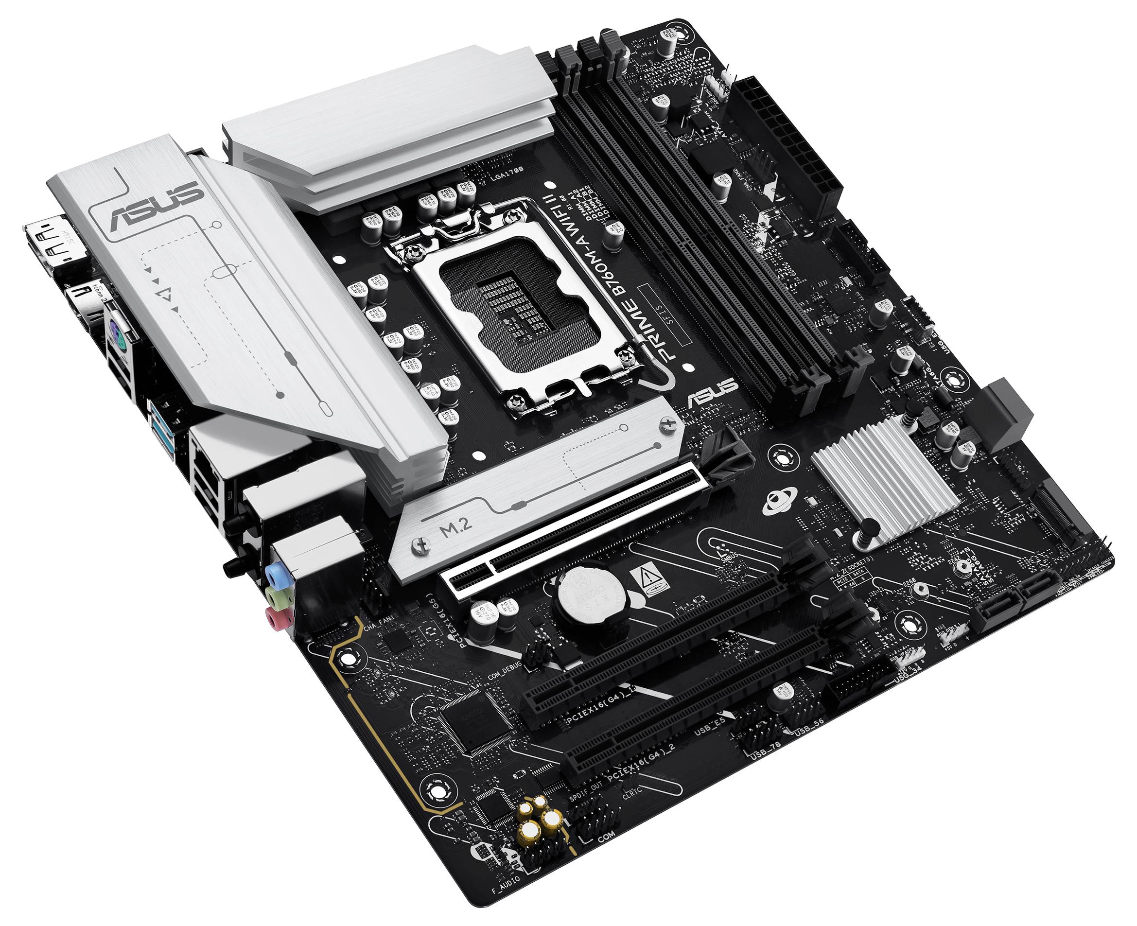 Et computermoderboard med 'ASUS'-mærkning, der indeholder en CPU-fatning, RAM-stik, PCIe-stik og forskellige stik til komponenter.