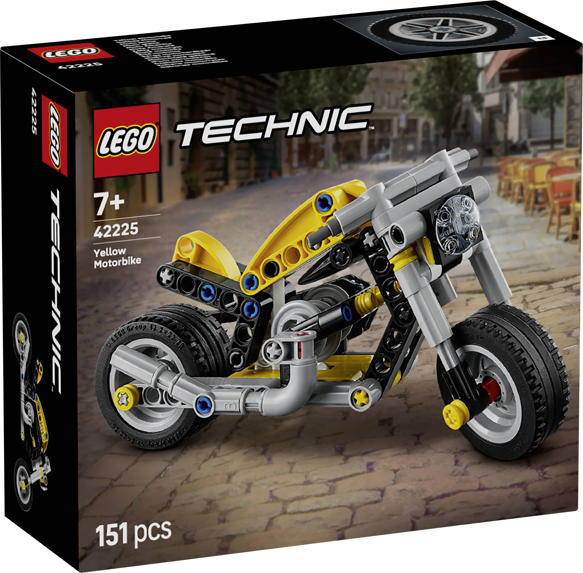 LEGO Technic-æske, der viser en gul og grå motorcykkelmodel, sætnummer 42225, til børn fra 7 år og op, med en baggrund af udendørs siddepladser.
