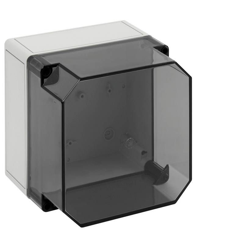 Grå plastik elektrisk kabinet med røgfarvet transparent frontdæksel, vist lukket mod hvid baggrund.
