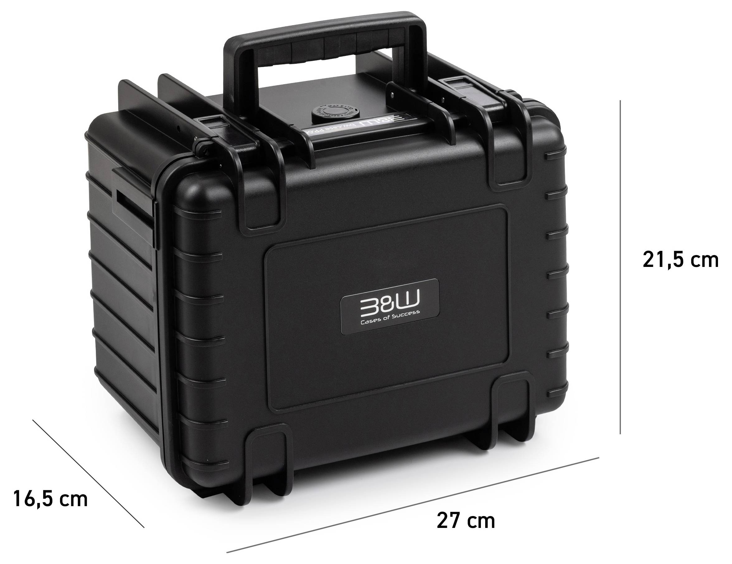 Et sort bærbar hårdt kuffertcover med håndtag, mærket "38W" på forsiden, måler 27 cm langt, 16,5 cm bredt og 21,5 cm højt.