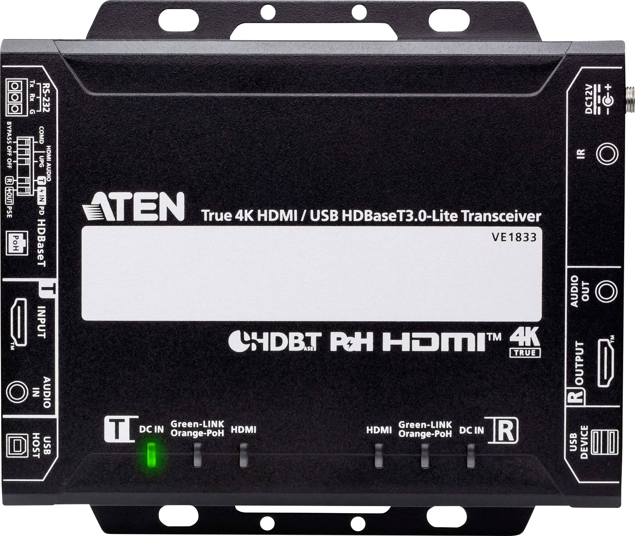 En sort Aten VE1833 True 4K HDMI/USB HDBaseT3.0-Lite Transceiver-enhed, der viser forskellige porte og indikatorer til teknisk opsætning.