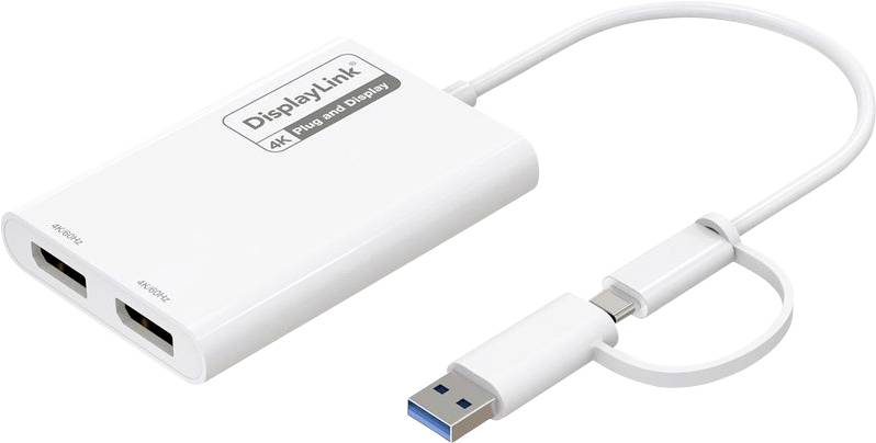 'DisplayLink 4K Plug and Display' adapter med to HDMI-porte og en USB-stik på et hvidt kabel.
