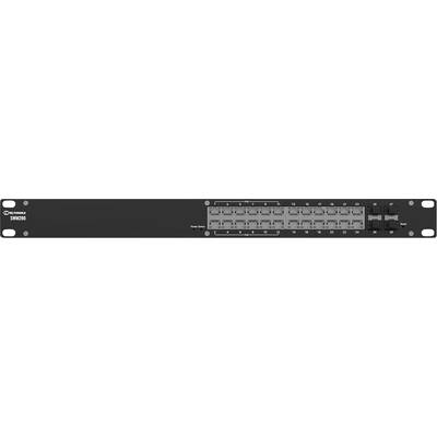 Frontpanel på en 1U netværksswitch med 24 Ethernetporte, statusLED'er og oplinksporte på højre side.