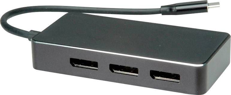 En sort USB-C-hub med tre HDMI-porte og et kort forbindelseskabel, som bruges til at forbinde flere skærme til en computer.