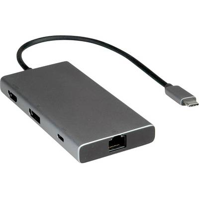 En sort USB-C-hub med flere porte, herunder Ethernet, HDMI og USB, forbundet via et kort kabel.