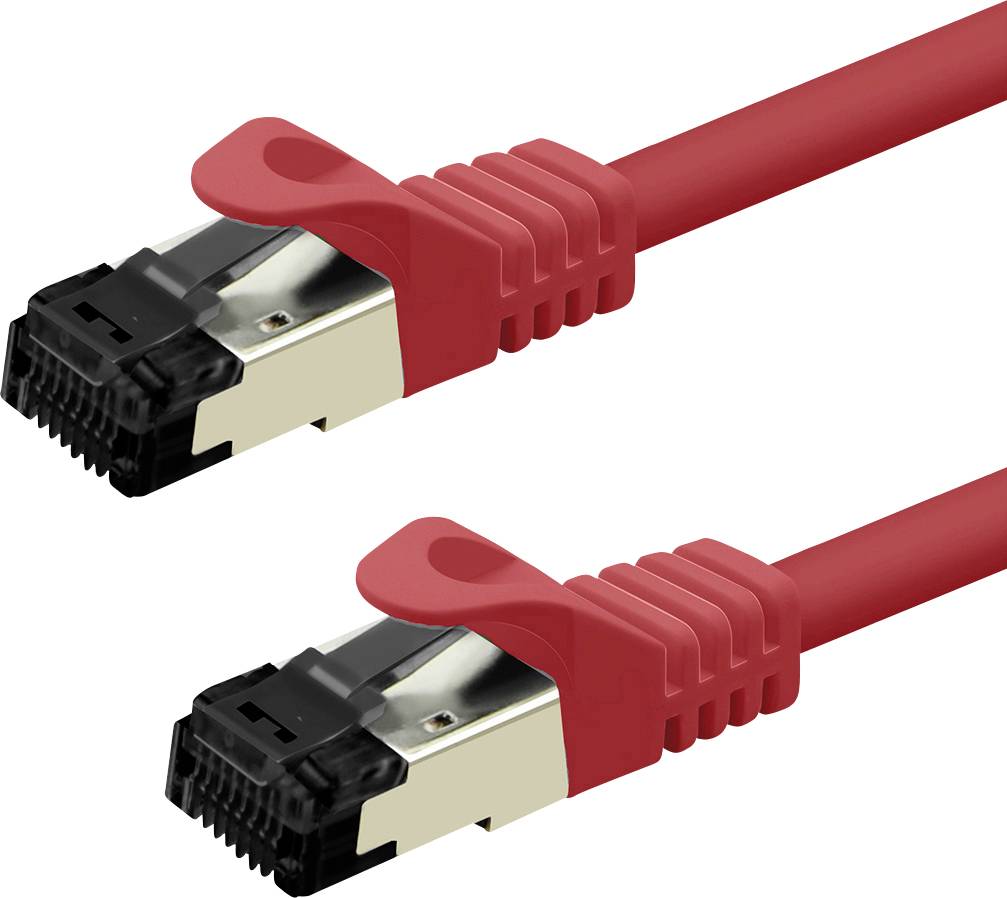 To røde Ethernet-kabler med sorte stik, designet til netværksforbindelser og dataoverførsel.