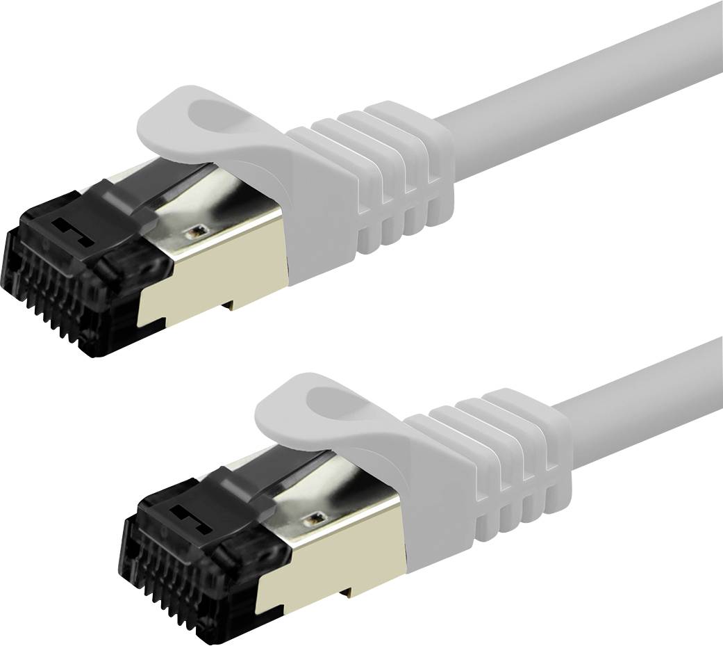 To gråt Ethernet-kabler med forgyldte stik, positioneret parallelt og viser deres sikre plastiklukkemekanismer til netværksforbindelse.