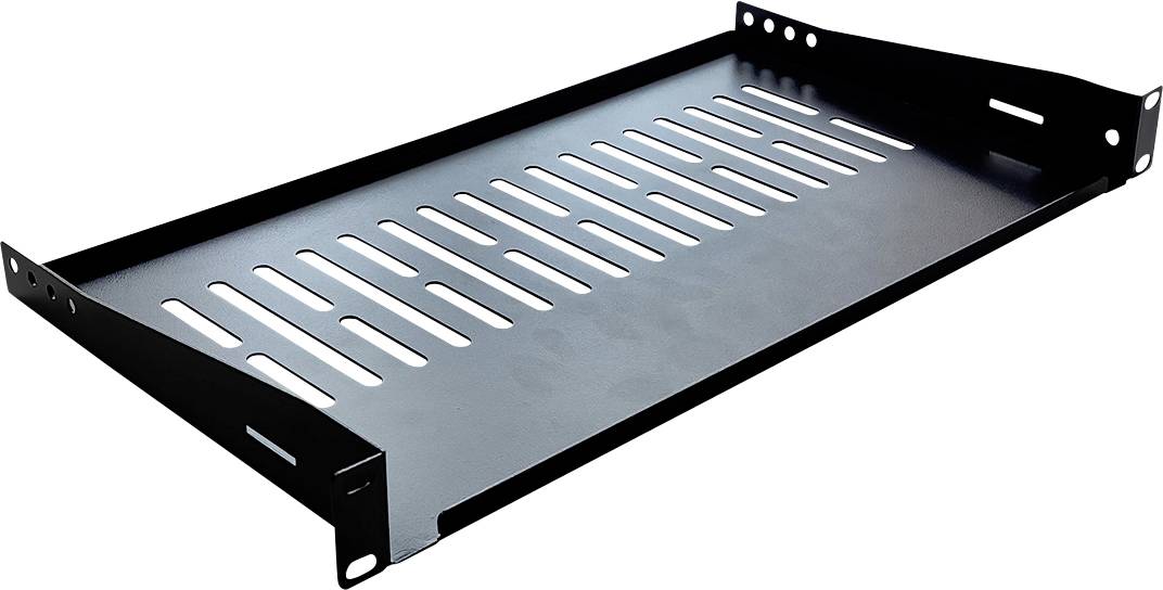 En sort metalserver-rackhylde med spaltet design til luftstrømning, brugt til organisering og opbevaring af udstyr i en networkrack-opsætning.