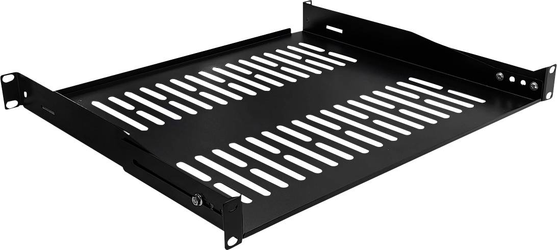 En sort ventileret rackmonterbar hylde med spaltet design for luftflow, egnet til installation af netværksudstyr i serverracks.