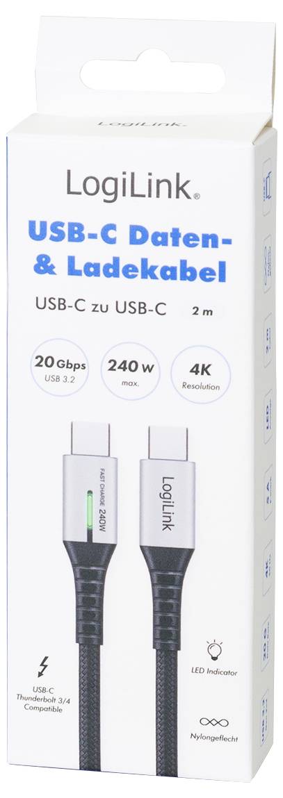LogiLink USB-C kabel USB 3.2 Gen2x2 USB-C® stik 2.00 m Sort med LED, 4K UHD, Dobbeltsidet stik CU0444-7