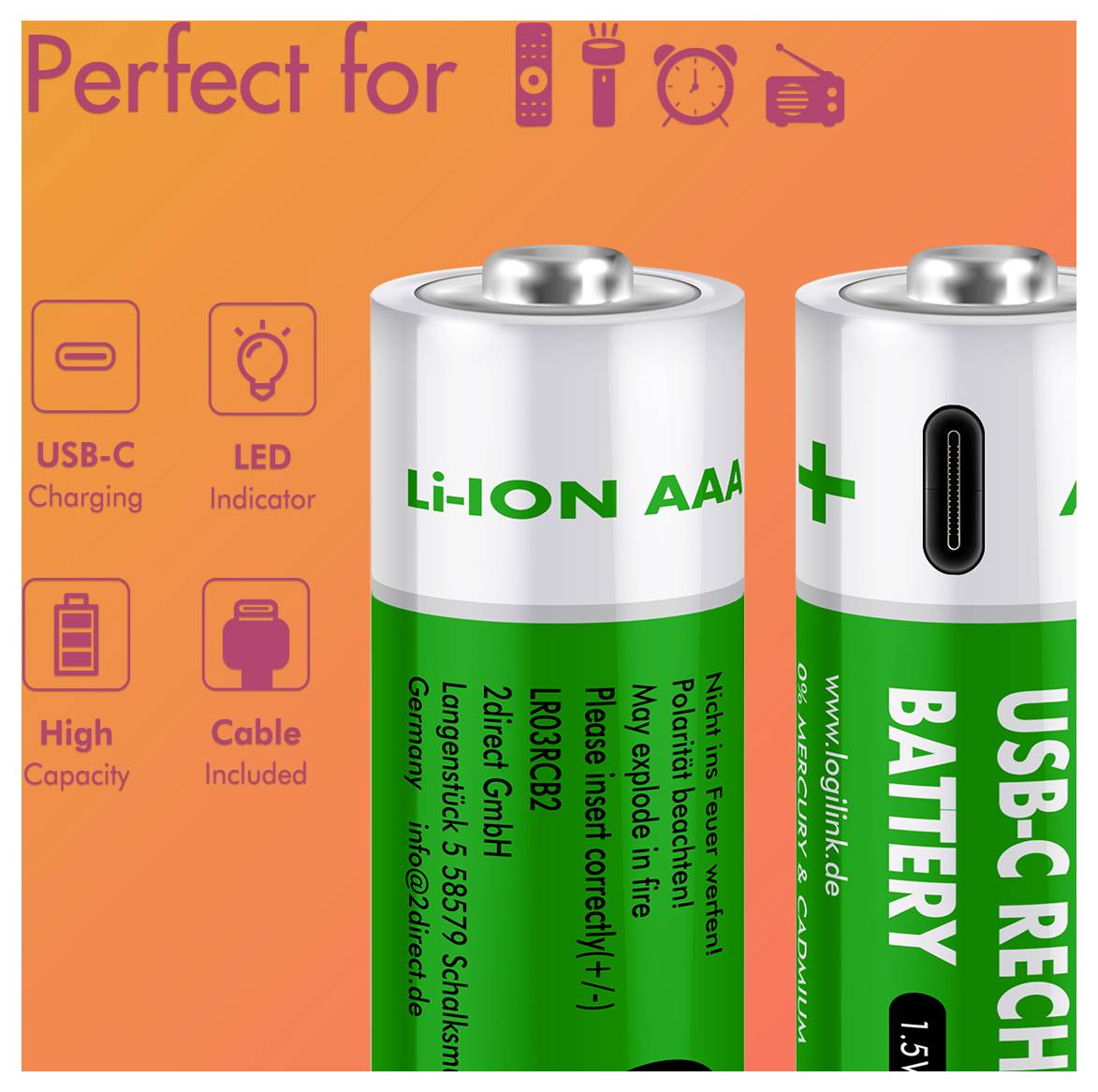 LogiLink LR03RCB2 Genopladeligt AAA-batteri Litium 1.5 V 2 stk-2