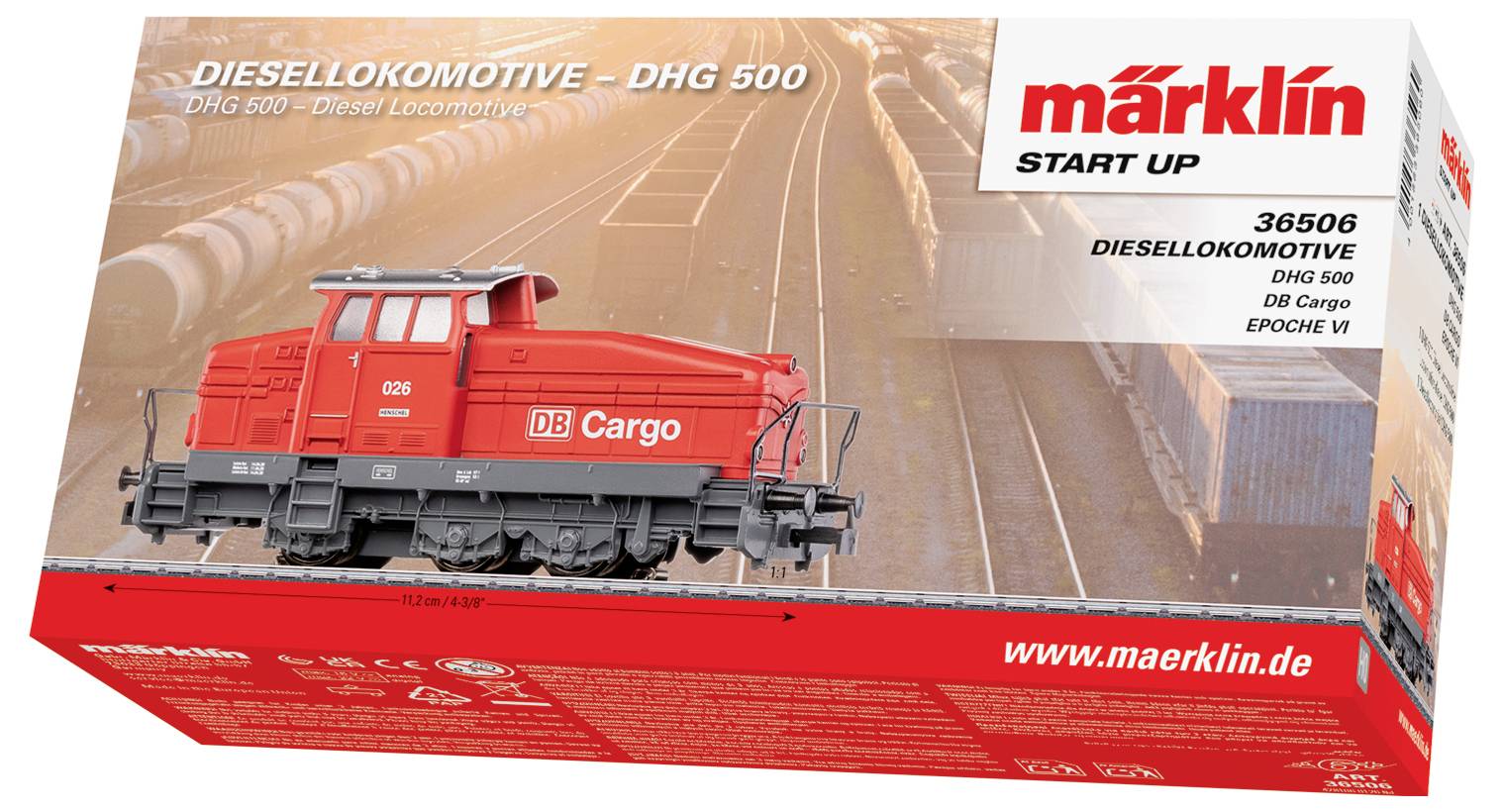 Rødt modeltogsæt med "DB Cargo" på siden, udstillet på en Märklin Start Up-æske mærket "Diesellokomotive - DHG 500".