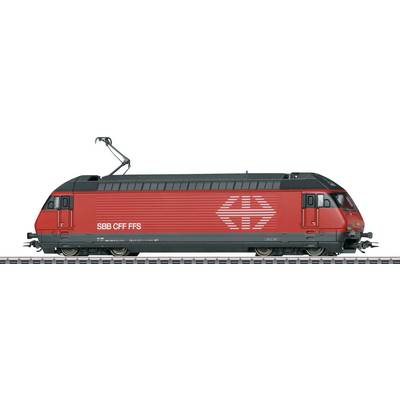 Et rødt toglomkomotiv med 'SBB CFF FFS'-logoet på siden, udrustet med karakteristiske strømaftagere på taget.