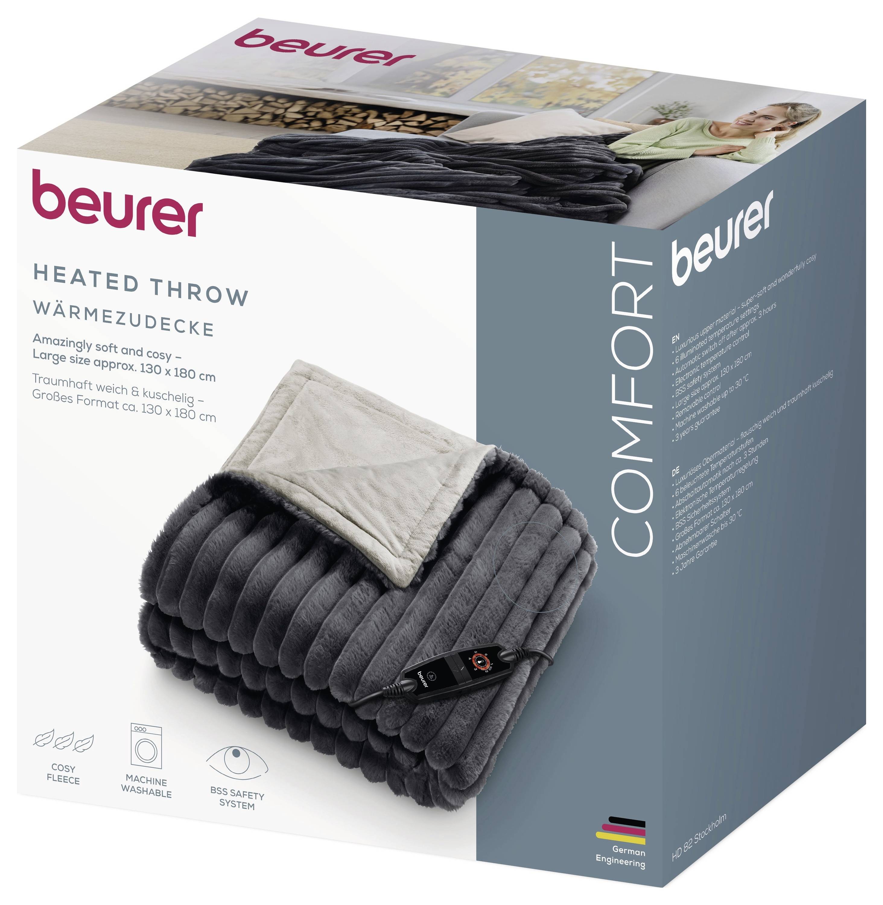 Kasse til et 'Beurer Heated Throw' med billede af tæppet og funktioner: stort format, blød tekstur og sikkerhedssystem.