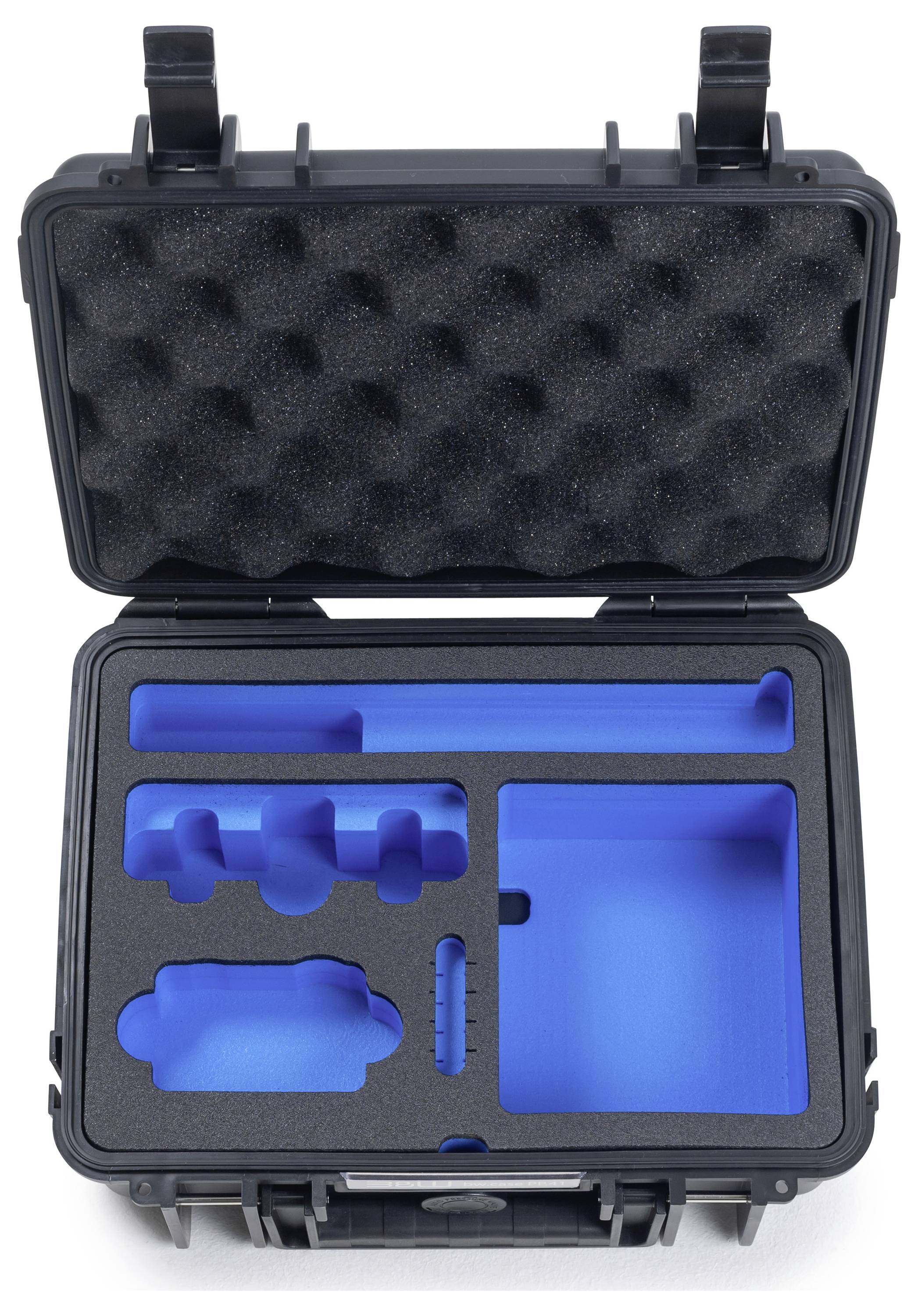 Et åbent sort hardcase med skumindlæg og blå indre designet til sikkert at holde og beskytte genstande af forskellig form.