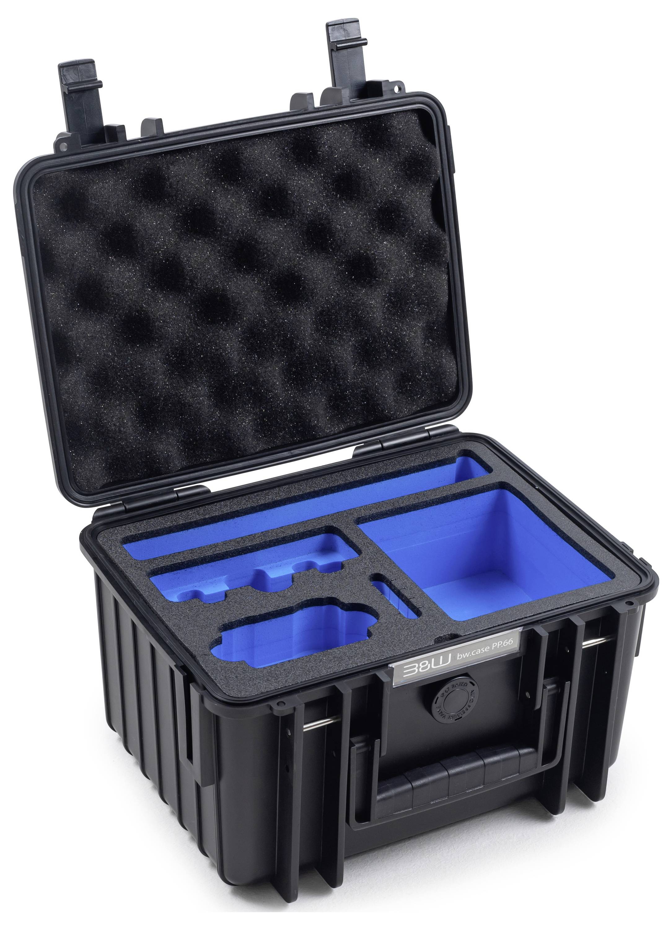 Åben sort hård kuffert med blå indre skumindlæg, designet til sikker opbevaring og transport med tilpasbare rum.