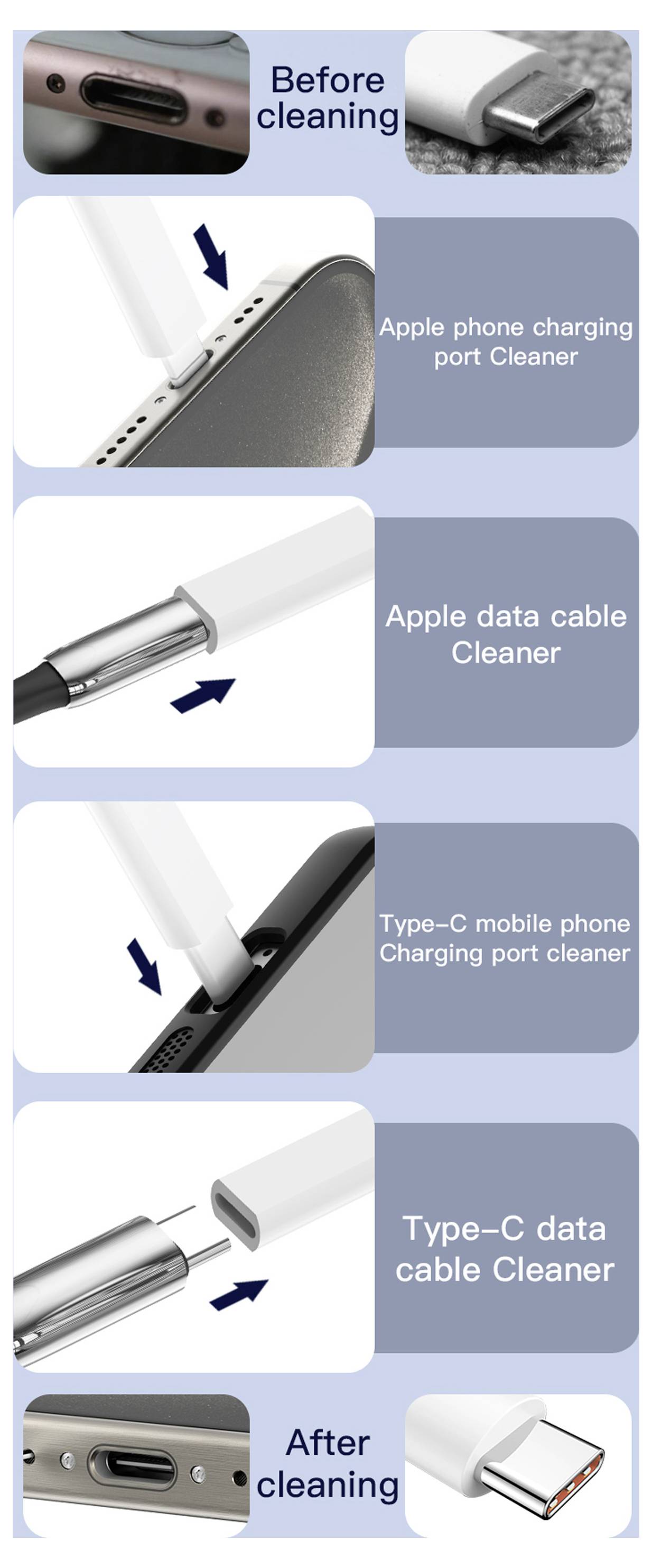 "Før rengøring"-billeder viser beskidte ladepotter og kabler. "Apple-telefon ladepot-renser" og "Type-C ladepot-renser" illustrerer værktøjer, der renser potter. "Efter rengøring"-billeder viser rene ladepotter og kabler.