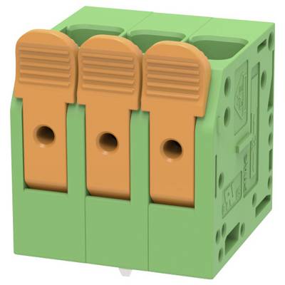 Grønt tre-positions elektrisk terminalblok med orange fjedre håndtag til ledningsforbindelser.