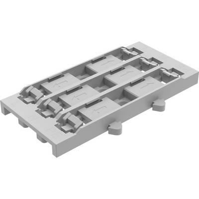 3D CAD-rendering af en rektangulær mekanisk plade med flere fordybede slots, kanaler og hængslede låsemekanisme-lignende elementer.