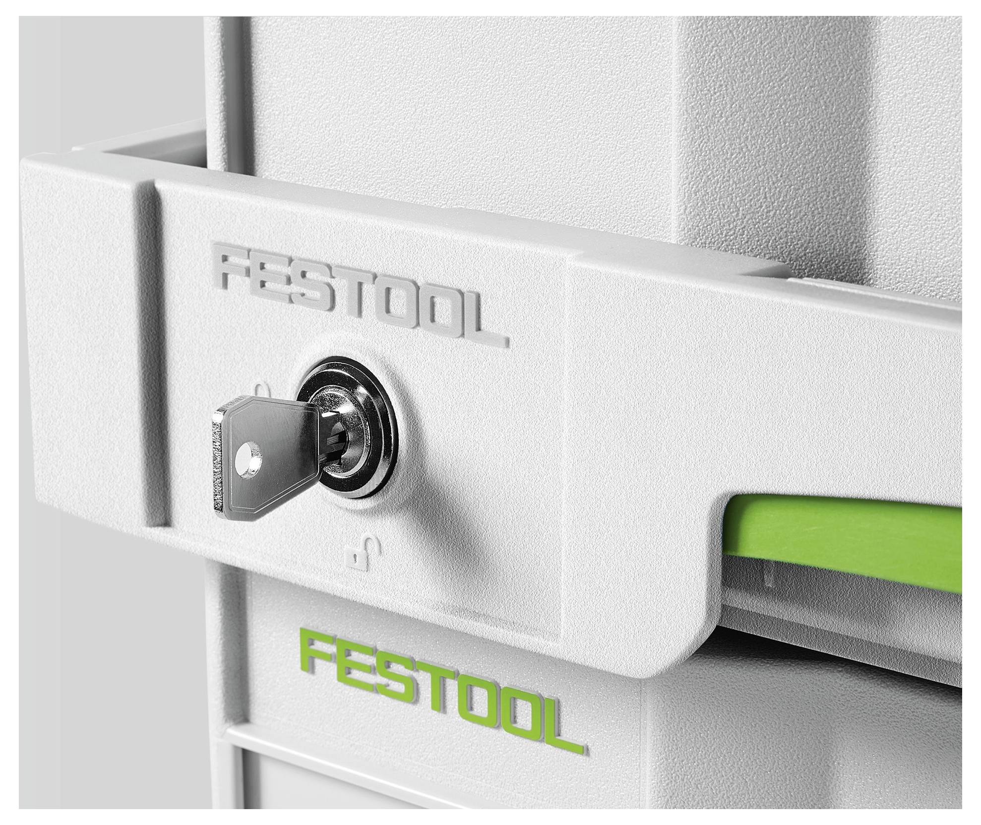 'Festool' mærket opbevaringskasse med lås og nøglefunktion, som fremhæver sikkerhed og beskyttelse.