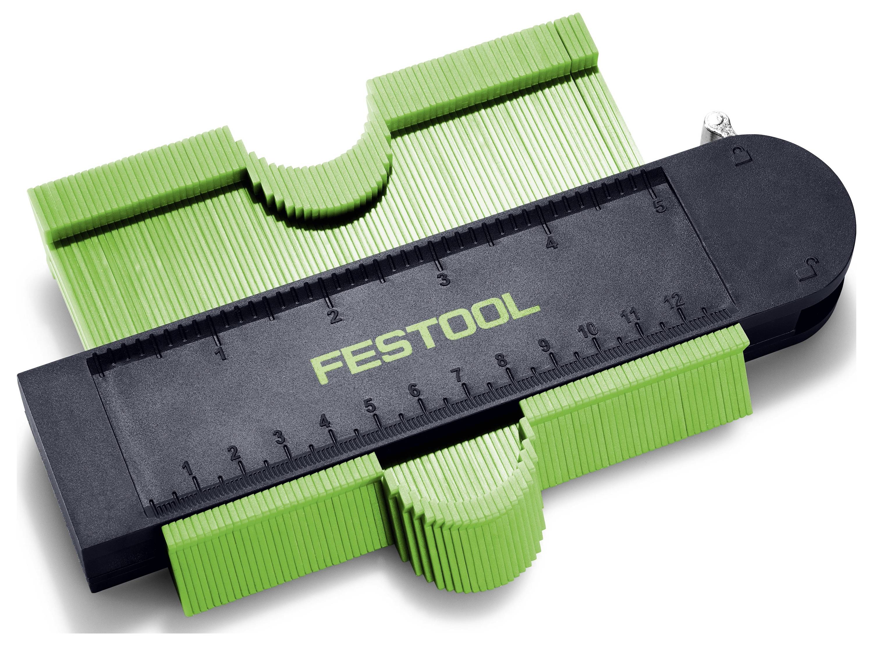 Grønt og sort Festool konturmålestok til præcis måling og gengivelse af former, med lineal og fleksible plastikben.