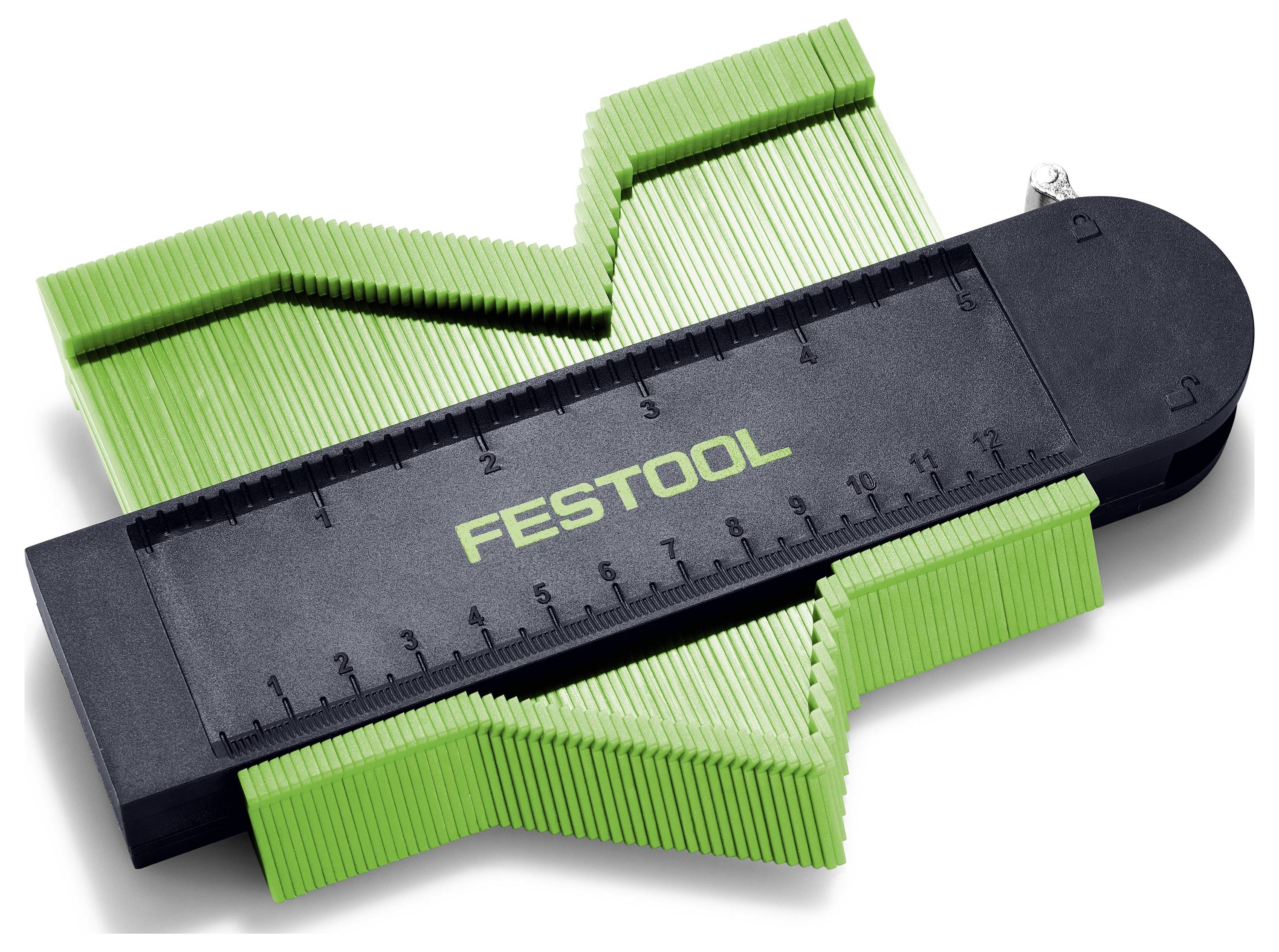 En grøn og sort Festool konturmåler med målestok, brugt til at kopiere komplekse former nøjagtigt i DIY- og træbearbejdningsprojekter.