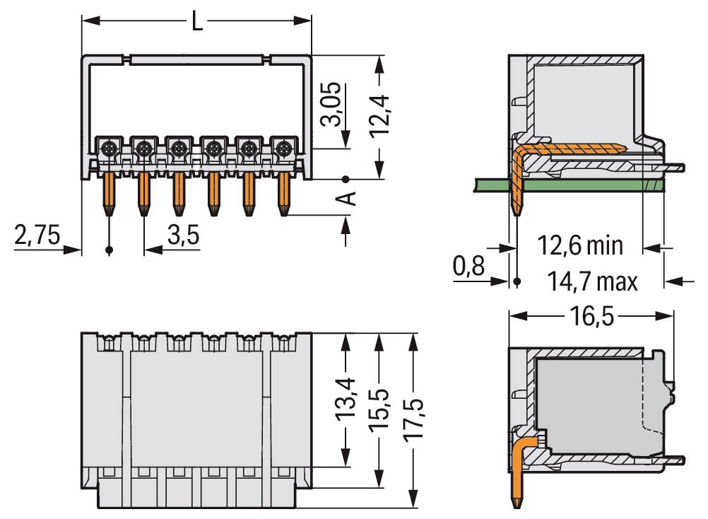 Teknisk tegning af en multi-pin elektrisk stik. Dimensioner inkluderer 17,5 mm bredde, 13,4 mm kropsahøjde og pin-afstand på 3,5 mm.