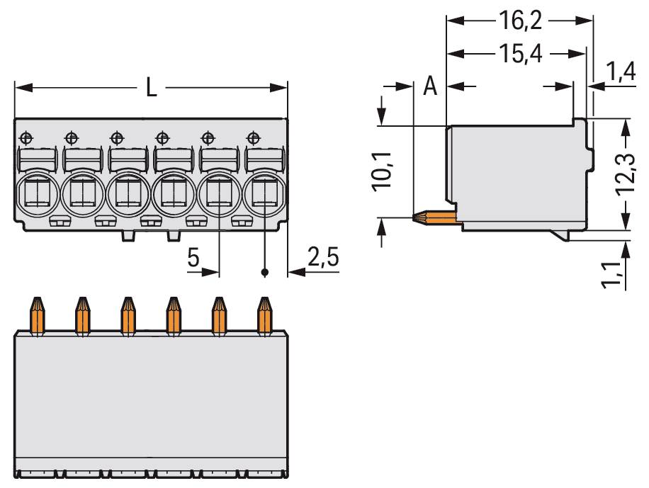 'Teknisk diagram af en forbindelserblok med seks porte; dimensioner mærket som L, A, 16,2, 15,4, 2,5, 10,1, 12,3, 1,4, 1,1.'