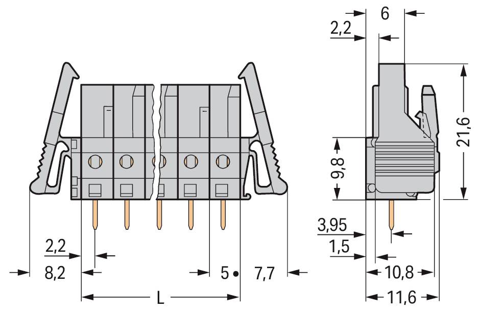 'Teknisk illustration af en elektrisk stik, der viser for- og sidevisninger med præcise målinger i millimeter til montering.'