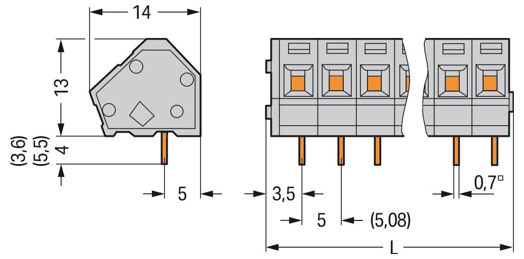 'Teknisk diagram af en elektrisk stik med dimensioner: højde 13 mm, bredde 14 mm, stiftlængde 5 mm og noterede vinkler.'