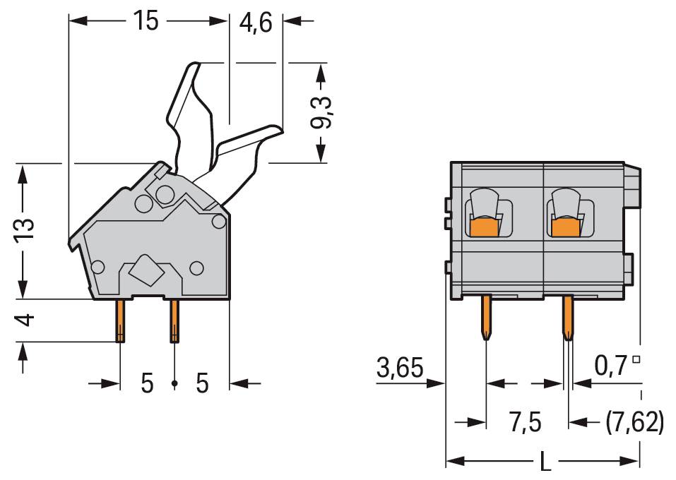Teknisk diagram af en kontakt. Sidevisning med detaljerede målinger: højde 9,3 mm, bredde 15 mm, dybde 13 mm. Frontvisning viser benafstand på 7,5 mm.