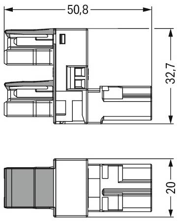 Teknisk tegning af en stik, der viser top- og sidevisninger. Dimensioner er markeret: bredde 50,8 mm, højde 32,7 mm, dybde 20 mm.
