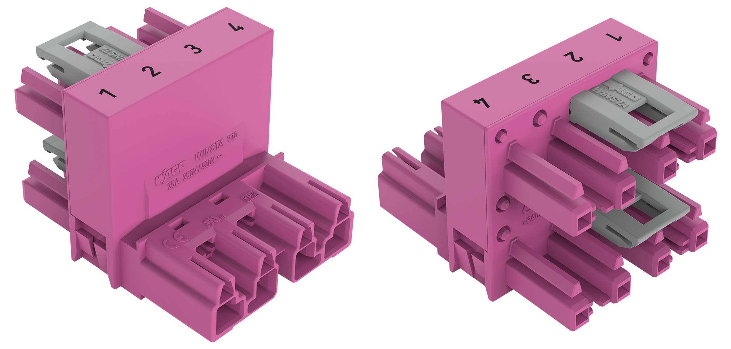 'Rosa elektrisk stik med fire nummererede slots, grå indsatser og en strukturel design velegnet til sikre ledningsforbindelser.'