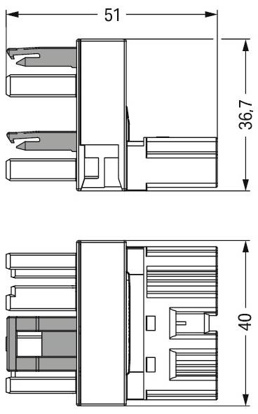 Teknisk diagram, der viser to visninger af en elektrisk stik. Dimensionerne er 51 mm i bredde, 36,7 mm i højde og 40 mm i dybde.