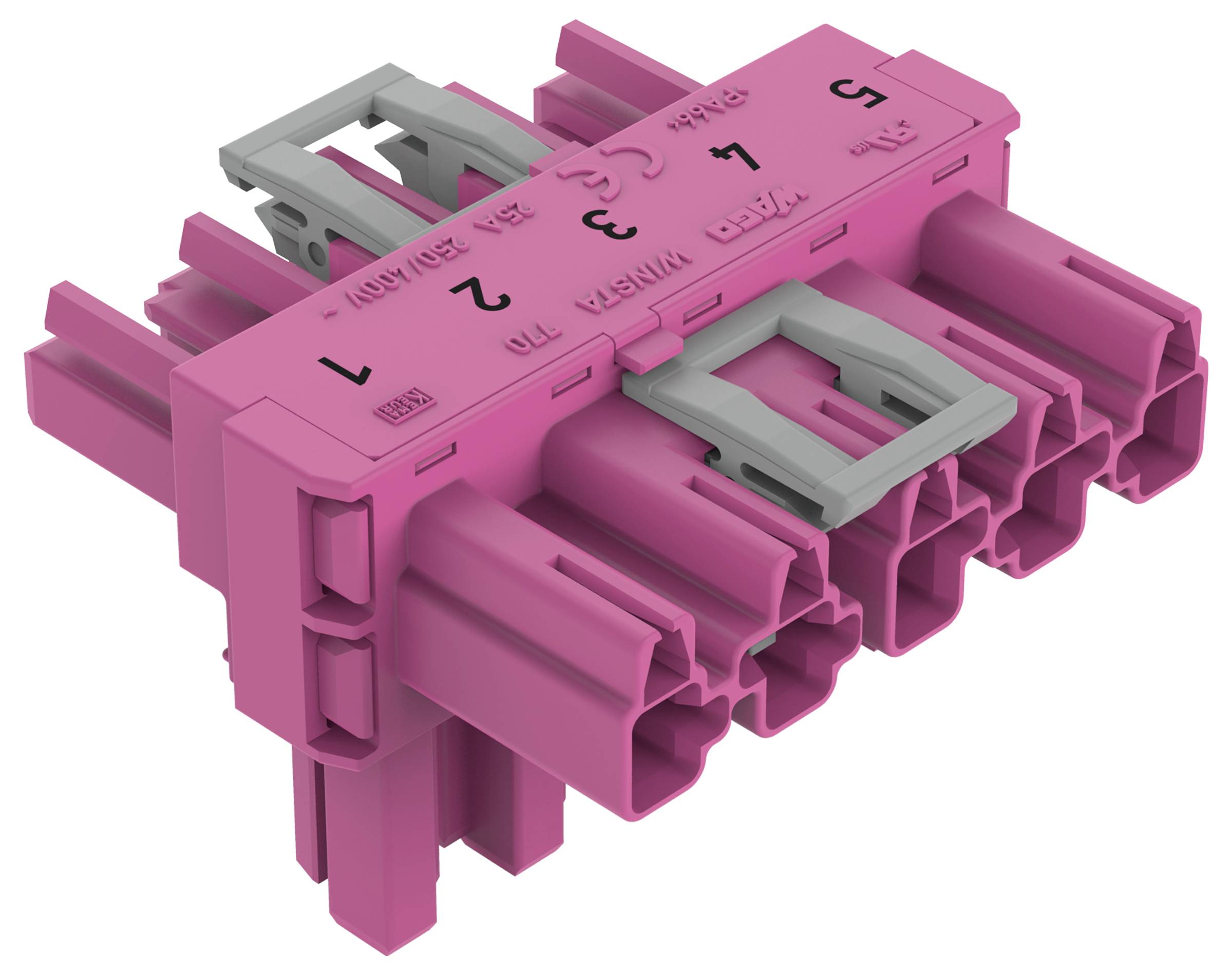 En pink elektrisk stik med nummererede slots fra 1 til 7, udstyret med en grå klips på toppen, brugt til organisering og sikring af ledninger.