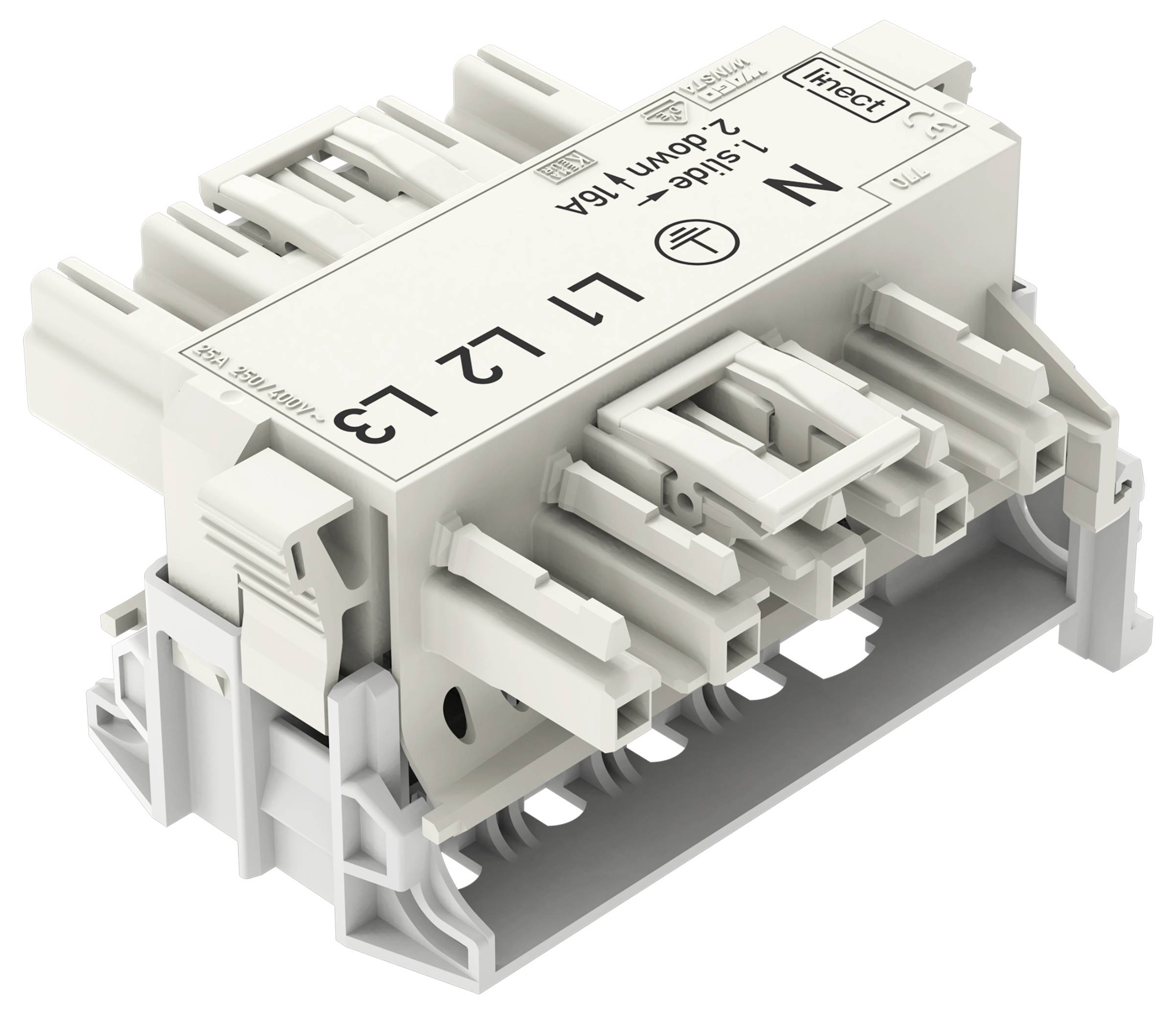 Elektrisk terminalblok mærket med 'L1 L2 L3 N', der viser flere tilslutningspunkter, bruges til ledningsføring og fordeling af elektriske kredsløb.