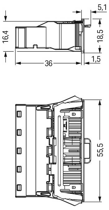 Teknisk tegning af en elektrisk stik, sidevisning øverst viser dimensioner 36 x 16,4 mm, bundvisning viser højde 18,5 mm.