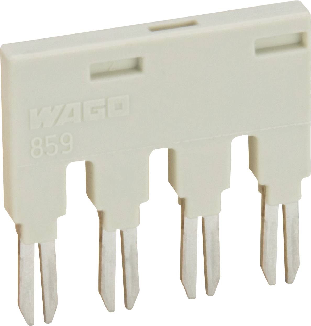 En beige Wago 859 jumperbar med fire metalstifter til elektriske forbindelser.