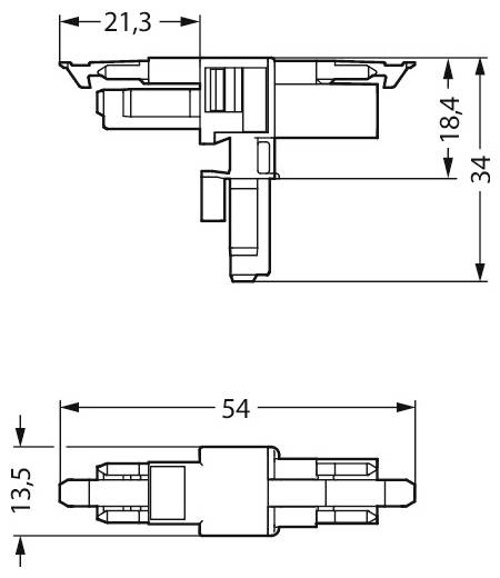 'Teknisk tegning viser dimensioner af en mekanisk del. Topvisning måler 21,3 gange 18,4 mm; sidevisning er 54 gange 13,5 mm.'