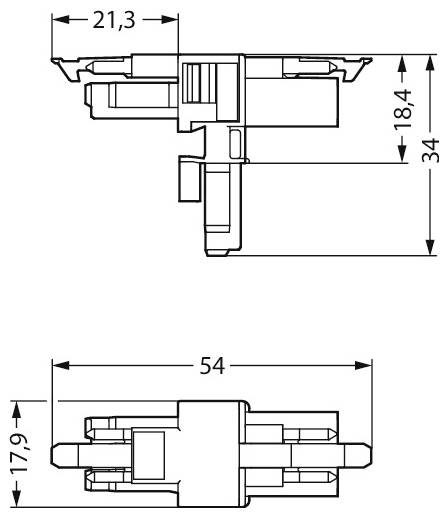 Teknisk tegning af en stik med top- og sidevisninger. Dimensioner: 21,3 mm bredde, 54 mm længde, 34 mm højde og 17,9 mm højde.