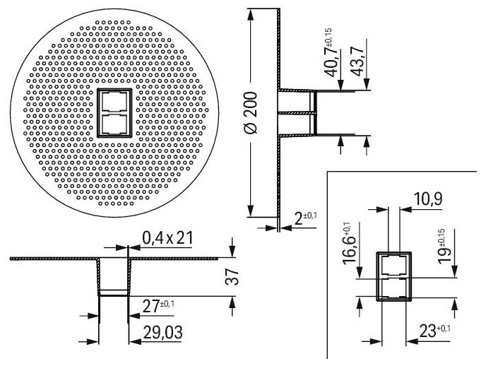 Diagram af en cirkulær perforeret genstand med detaljerede tværsnitsvisninger. Diameter 200. Omfatter præcise målinger for strukturelle elementer.