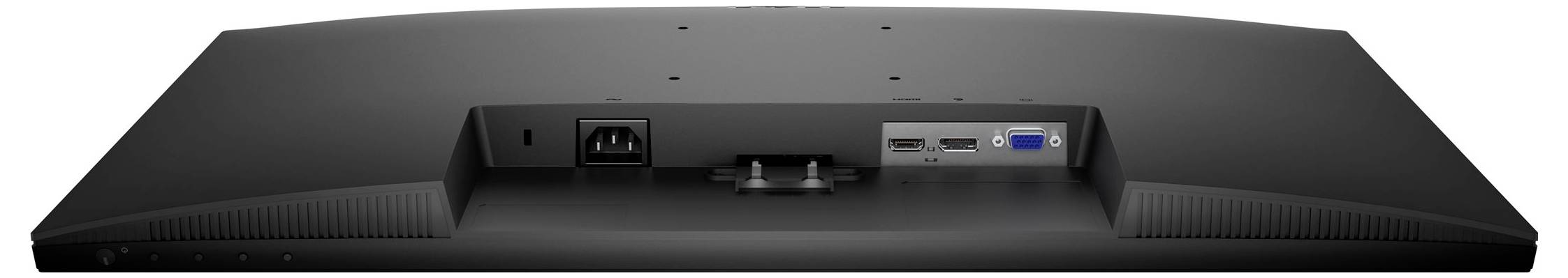 Bagsiden af en sort computermonitor, der viser forskellige porte: strøm, HDMI, VGA og USB.