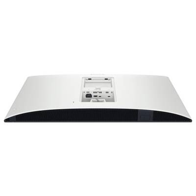 Hvidt elektronisk apparat set fra bagsiden, viser forskellige porte og en tænd/sluk-knap.