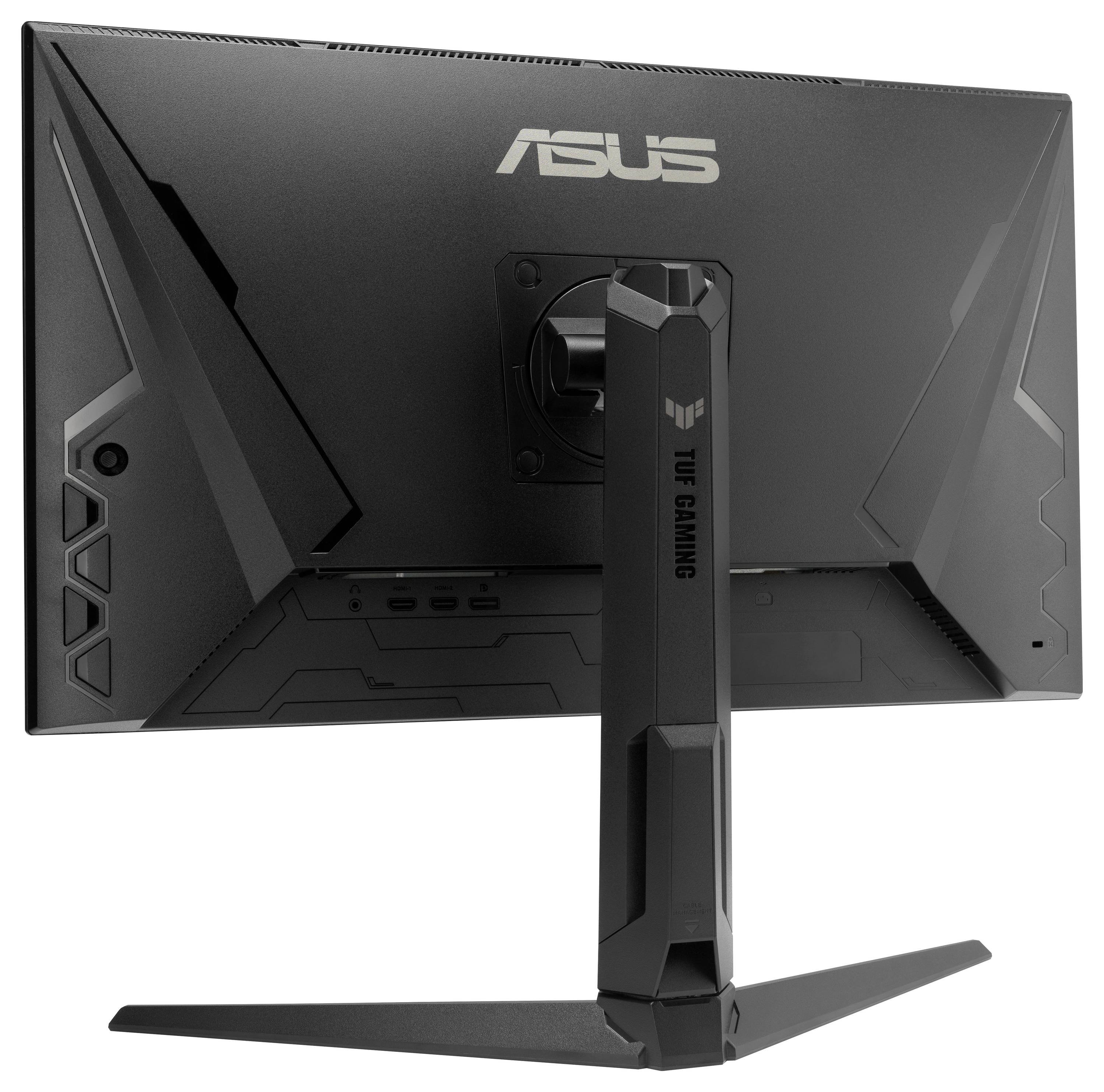 En sort ASUS TUF Gaming-monitor set fra bagsiden, der viser et karakteristisk kantigt design og et brandinglogo i midten.