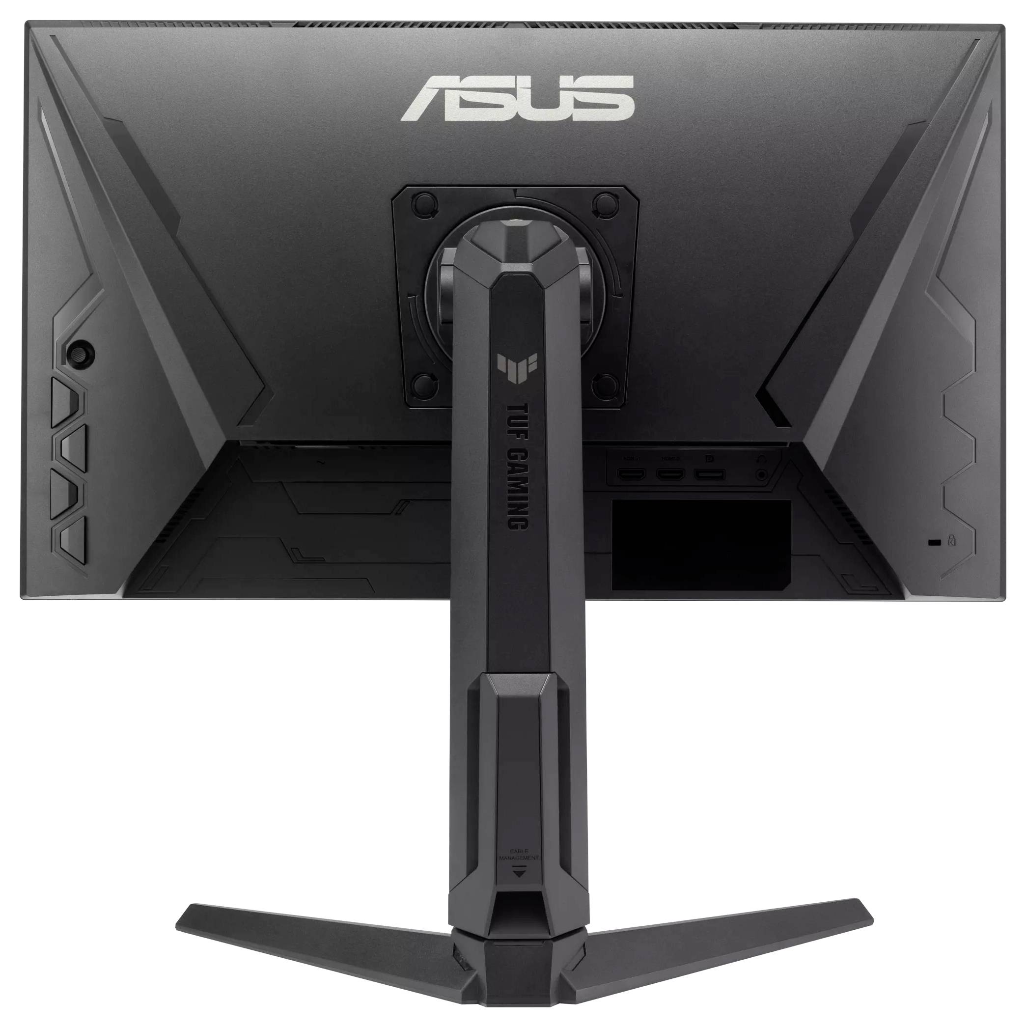'Bagside af en ASUS TUF Gaming-monitor, der viser dens stand og porte.'